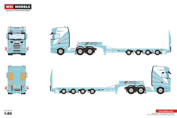 WSI Models 01-5147 CEPELLUDO SCANIA S HIGHLINE CS20H 6X2 TWIN STEER SEMI LOW LOADER WITH RAMPS - 4 AXLE