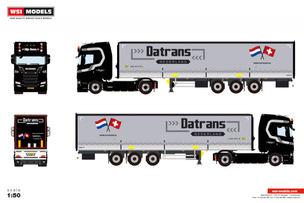WSI Models 01-5157 DATRANS SCANIA S HIGHLINE CS20H 4X2 CURTAINSIDE TRAILER - 3 AXLE