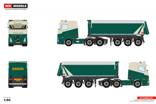 WSI Models 01-5319 DB KIEPERS VOLVO FH AERO SLEEPER CAB 6X2 TWIN STEER NON STEERING TIPPER TRAILER - 3 AXLE