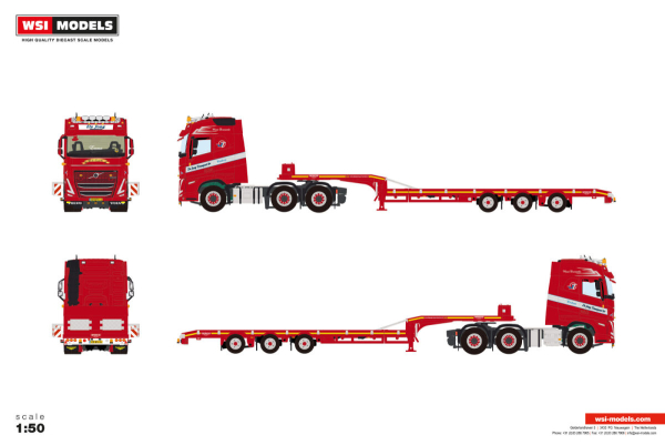 WSI Models 01-5493 DE JONG TRANSPORT VOLVO FH5 GLOBETROTTER 6X2 TWIN STEER SEMI LOW LOADER - 3 AXLE