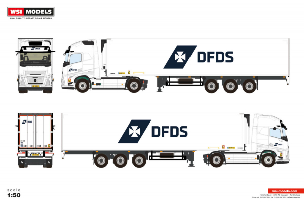 WSI Models 01-5277 DFDS VOLVO FH AERO GLOBETROTTER XL 4X2 REEFER TRAILER - 3 AXLE