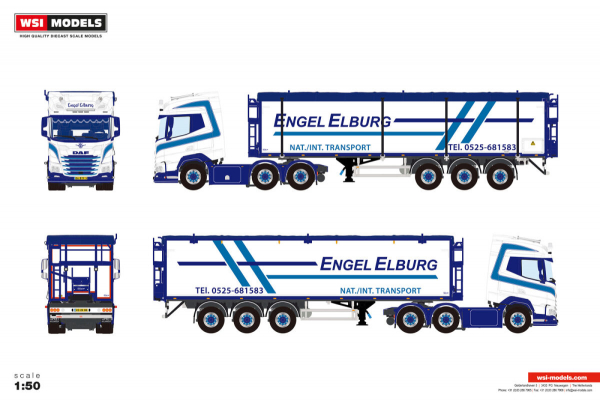 WSI Models 01-5328 ENGEL ELBURG DAF XF SH WITH SKY LIGHTS 6X2 TWIN STEER BELT TRAILER - 3 AXLE