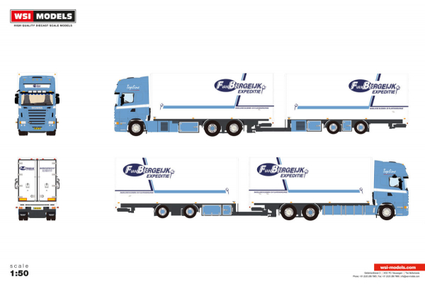 WSI Models 01-5245 F VAN BERGEIJK SCANIA R5 TOPLINE 6X2 TAG AXLE RIGED REEFER TRUCK DRAWBAR TRAILER - 5 AXLE