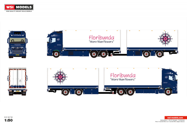 WSI Models 01-5346 FLORIBUNDA VOLVO FH5 GLOBETROTTER XL 6X2 TAG AXLE RIGED REEFER TRUCK DRAWBAR TRAILER - 5 AXLE