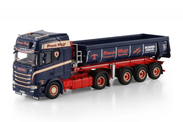 WSI Models 01-4801 Frank Wulf SCANIA R HIGHLINE CR20H 4X2 HALF PIPE TIPPER TRAILER - 3 AXLE