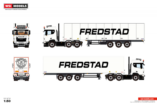 WSI Models 01-5384 FREDSTAD SCANIA R NORMAL CR20N 6X2 TWIN STEER BOX TRAILER - 3 AXLE
