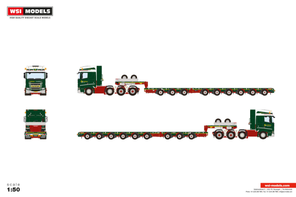 WSI Models 01-5551 GOUDRIAAN SCANIA R HIGHLINE CR20H 8X4 MANOOVR WITH 3 AXLE DOLLY - 6 AXLE
