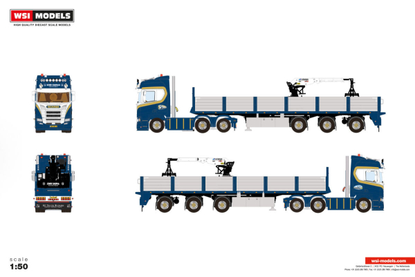 WSI Models 01-5481 HENRI BAUMAN SCANIA R HIGHLINE CR20H 6X2 TAG AXLE BRICK TRAILER - 3 AXLE