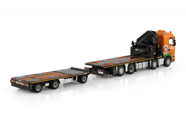 WSI Models 01-4957 HOLTROP VD VLIST SCANIA STREAMLINE HIGHLINE RIGED FLATBED TRUCK 8X2 TAG AXLE FLATBED TRAILER - 3 AXLE WITH PALFINGER PK 92002 SH