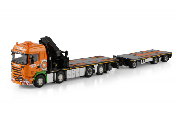 WSI Models 01-4957 HOLTROP VD VLIST SCANIA STREAMLINE HIGHLINE RIGED FLATBED TRUCK 8X2 TAG AXLE FLATBED TRAILER - 3 AXLE WITH PALFINGER PK 92002 SH