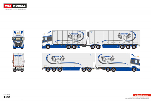 WSI Models 01-5382 IRONCROFT SCANIA R HIGHLINE CR20H RIGED REEFER TRUCK 6X2 TAG AXLE RIGED REEFER DRAWBAR TURNTABLE TRAILER - 5 AXLE