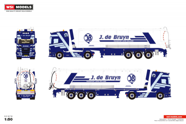 WSI Models 01-5414 J. DE BRUYN SCANIA R HIGHLINE CR20H 4X2 TIPPER BULK TRAILER - 3 AXLE