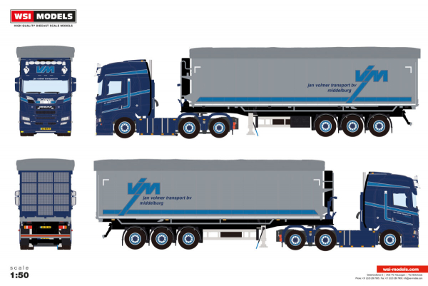WSI Models 01-5034 JAN VOLMER TRANSPORT BV SCANIA R HIGHLINE CR20H 6X2 TAG AXLE TIPPER VOLUME TRAILER - 3 AXLE