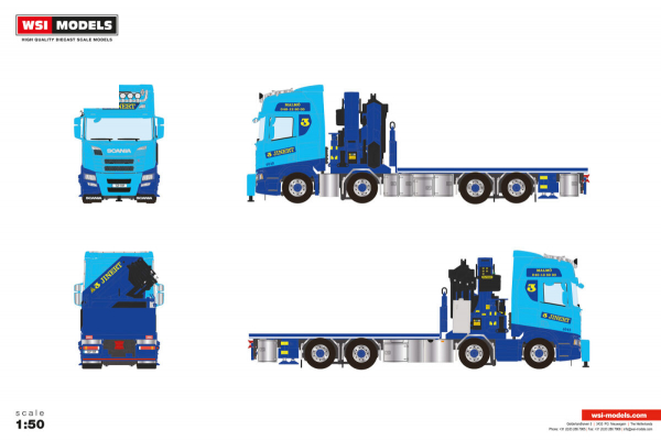 WSI Models 01-5400 JINERT SCANIA R HIGHLINE CR20H RIGED FLATBED TRUCK 8X2 TAG AXLE WITH PALFINGER PK 78002 SH + JIB
