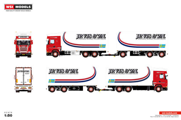 WSI Models 01-5705 JP. VIS & ZN SCANIA R5 TOPLINE 6X2 TAG AXLE RIGED REEFER TRUCK DRAWBAR TRAILER - 6 AXLE