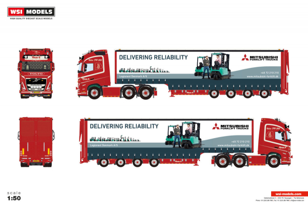 WSI Models 01-5133 KLOSTER A/S VOLVO FH5 GLOBETROTTER XL 6X2 TWIN STEER SEMI WITH CURTAIN AND RAMPS - 4 AXLE