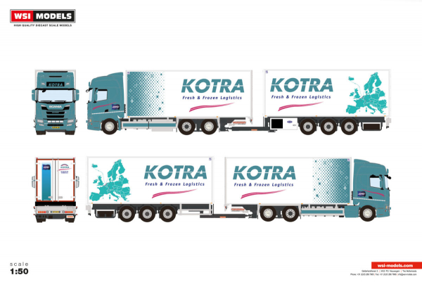 WSI Models 01-5580 KOTRA SCANIA R HIGHLINE CR20H RIGED REEFER TRUCK DRAWBAR TRAILER