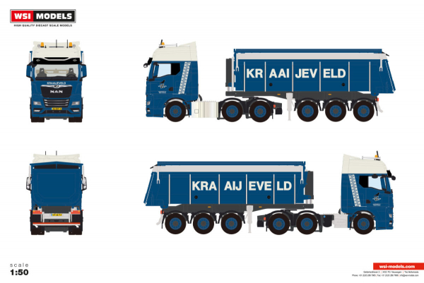 WSI Models 01-5036 KRAAIJEVELD MAN TGX GX 6X2 TWIN STEER NON STEERING TIPPER TRAILER - 3 AXLE
