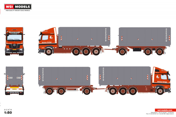 WSI Models 01-5124 KRISTIAN RYTTER MERCEDES-BENZ AROCS MP4 2.300MM STREAM SPACE 8X4 RIGED TRUCK DRAWBAR WITH HOOKLIFT SYSTEM - 7 AXLE + 2X 40M3 CONTAINER