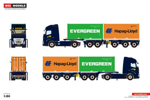 WSI Models 01-4949 KUIPERS LOGISTICS VOLVO FH AERO GLOBETROTTER XL 4X2 2CONNECT COMBI TRAILER - 5 AXLE + 2X 20FT CONTAINER