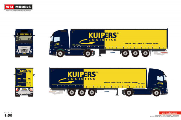 WSI Models 01-4948 KUIPERS LOGISTICS VOLVO FH AERO GLOBETROTTER XL 4X2 CURTAINSIDE TRAILER - 3 AXLE