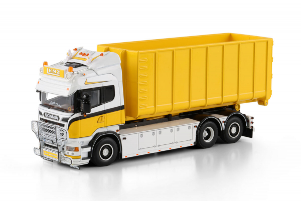WSI Models 01-4716 Lenz Gerüstbau SCANIA R6 HIGHLINE RIGED TRUCK WITH HOOKLIFT SYSTEM 6X2 TAG AXLE + 40M3 CONTAINER