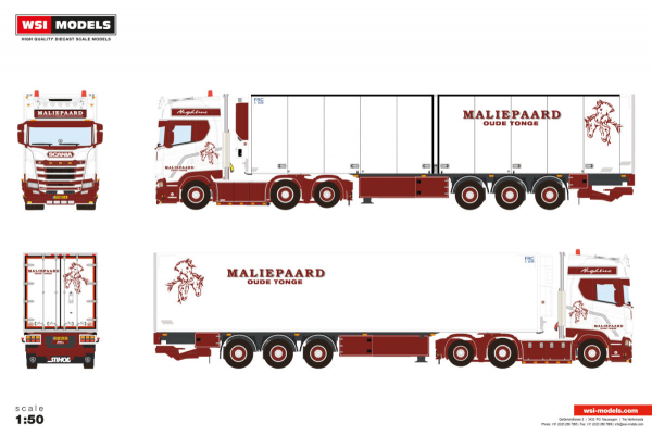 WSI Models 01-5251 Maliepaard Transport SCANIA S HIGHLINE CS20H 6X2 TAG AXLE REEFER TRAILER - 3 AXLE