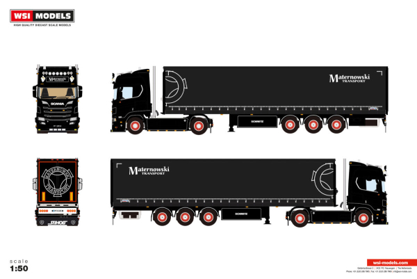 WSI Models 01-5543 MATERNOWSKI SCANIA R HIGHLINE CR20H 4X2 CURTAINSIDE TRAILER - 3 AXLE