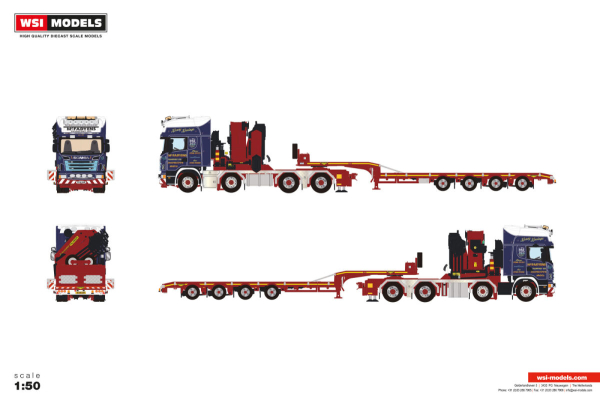 WSI Models 01-5614 MCFADYENS SCANIA R6 TOPLINE 8X4 SEMI LOW LOADER - 4 AXLE WITH PALFINGER PK 150002 SH
