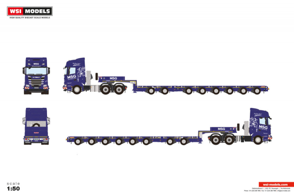 WSI Models 01-4122 MSG SCANIA R HIGHLINE CR20H 6X4 MANOOVR WITH 2 AXLE DOLLY - 6 AXLE