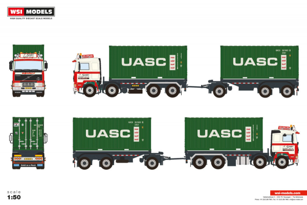 WSI Models 01-4906 N. MIJNDERS VOLVO F12 CABLE SYSTEM + CONTAINER FRAME 8X2 TAG AXLE RIGED CONTAINER FRAME TRUCK DRAWBAR TRAILER + 2X 20FT CONTAINER