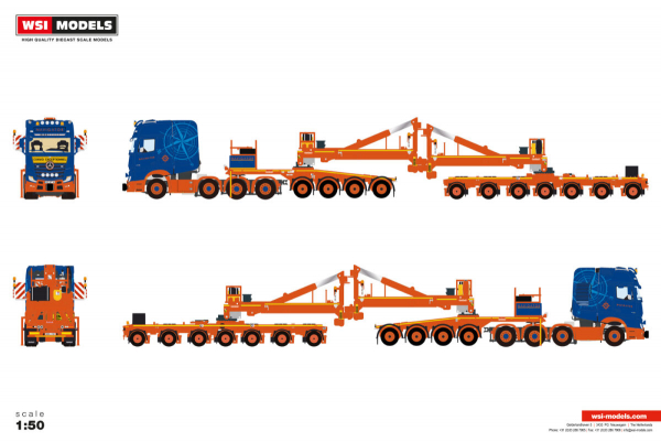 WSI Models 01-4561 NAVIGATOR TRANSPORT MERCEDES-BENZ ACTROS MP5 GIGA SPACE 8X4 WIND MILL TRAILER WITH 4 AXLE DOLLY - 7 AXLE