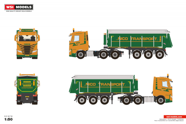 WSI Models 01-4953 NICO TRANSPORT IVECO S-WAY AS LOW 6X2 MIDLIFT AXLE NON STEERING TIPPER TRAILER - 3 AXLE