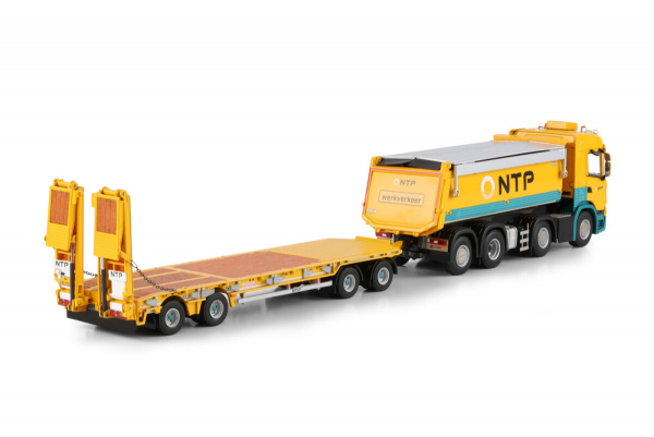 WSI Models 01-4966 NTP SCANIA G NORMAL CG17N TIPPER TRUCK 8X2 TAG AXLE LOW LOADER DRAWBAR TRAILER - 4 AXLE
