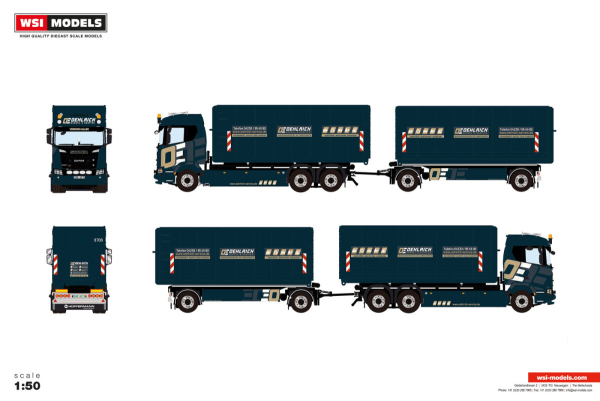 WSI Models 01-5423 OEHLRICH SCANIA R NORMAL CR20N RIGED TRUCK WITH HOOKLIFT SYSTEM 6X2 TAG AXLE CABLE SYSTEM + CONTAINER FRAME - 2 AXLE