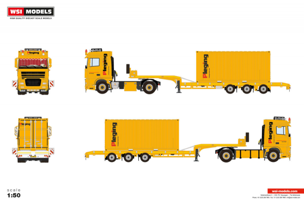 WSI Models 01-5172 PLEGING DAF XF95 SPACE CAB 4X2 SEMI LOW LOADER - 3 AXLE + 20FT CONTAINER