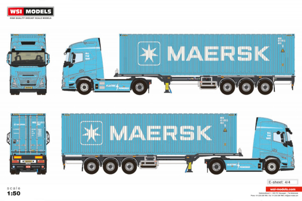 WSI Models 04-2264 PREMIUM LINE VOLVO FH AERO GLOBETROTTER ELECTRIC 4X2 FLEX CONTAINER TRAILER - 3 AXLE + 40FT CONTAINER HQ MAERSK