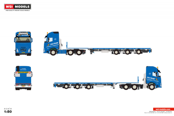 WSI Models 01-5081 PULTRUM VOLVO FH AERO GLOBETROTTER XL 6X2 TWIN STEER FLATBED TRAILER - 3 AXLE