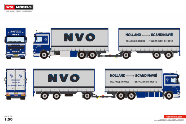 WSI Models 01-4760 R. STERENBORG TRANSPORT DAF 95XF SPACE CAB 6X2 TAG AXLE RIGED CURTAINSIDE TRUCK DRAWBAR TRAILER - 6 AXLE