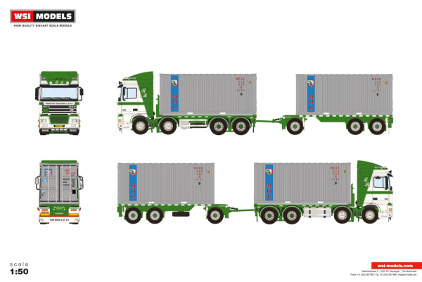 WSI Models 01-5436 RIEN BOOM DAF 95XF SPACE CAB 8X2 TAG AXLE RIGED CONTAINER FRAME TRUCK DRAWBAR TRAILER - 7 AXLE + 2X 20FT CONTAINER