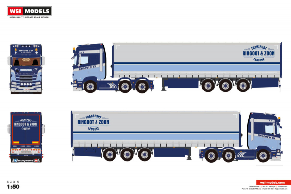 WSI Models 01-5050 RINGOOT LUC SCANIA S HIGHLINE CS20H 6X2 TWIN STEER CURTAINSIDE TRAILER - 3 AXLE