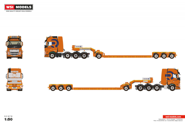 WSI Models 01-5055 Rolf Riedel VOLVO FH5 GLOBETROTTER XL 8X4 LOW LOADER WITH DOLLY 1 AXLE - 3 AXLE
