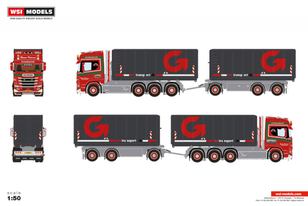 WSI Models 01-4922 RONNIE PETERSEN SCANIA R HIGHLINE CR20H 8X4 RIGED TRUCK DRAWBAR WITH HOOKLIFT SYSTEM - 7 AXLE