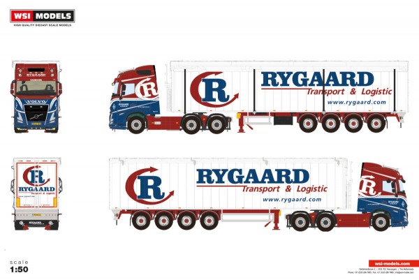 WSI Models 01-5161 RYGAARD VOLVO FH AERO GLOBETROTTER 6X2 TAG AXLE MOVING FLOOR TRAILER - 4 AXLE