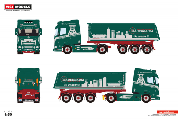 WSI Models 01-5060 SAUERBAUM DAF XG 4X2 NON STEERING TIPPER TRAILER - 3 AXLE - RUHRPOTT EDITION
