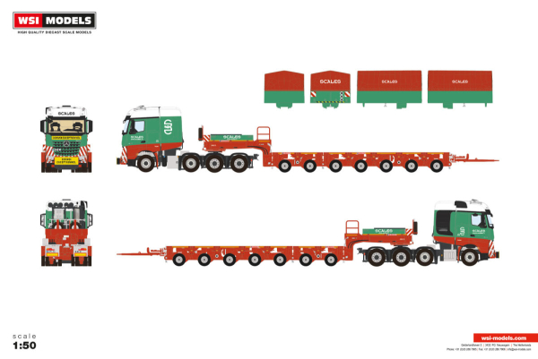WSI Models 01-5524 SCALES MERCEDES-BENZ AROCS MP4 SLT BIG SPACE 8X4 SCHEUERLE INTERCOMBI - 7 AXLE BALLAST BOX & CURTAINSIDE + HITCH