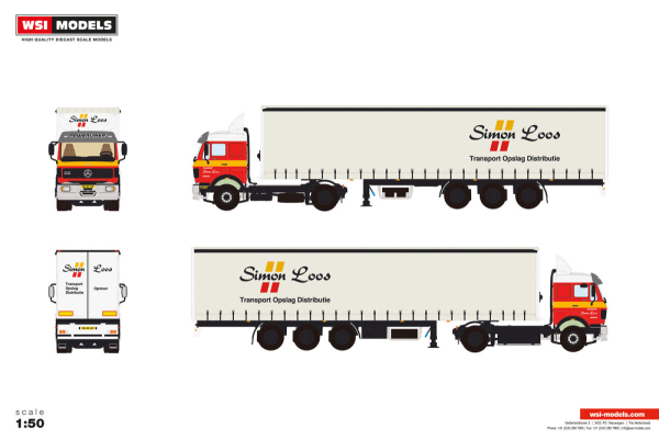WSI Models 01-5293 SIMON LOOS MERCEDES-BENZ NG FLAT ROOF 4X2 CURTAINSIDE TRAILER - 3 AXLE