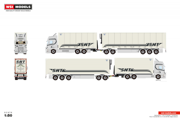 WSI Models 01-5267 SNT TRANSPORT SCANIA R HIGHLINE CR20H RIGED REEFER TRUCK RIGED REEFER DRAWBAR TURNTABLE TRAILER - 5 AXLE
