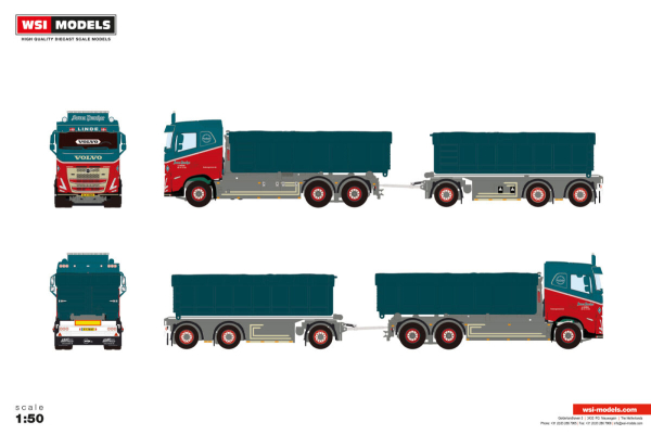 WSI Models 01-5298 SOREN JUNCHER VOLVO FH5 MY2024 SLEEPER CAB 6X2 TAG AXLE RIGED TRUCK DRAWBAR WITH HOOKLIFT SYSTEM - 6 AXLE + 2X 15M3 CONTAINER + COVER