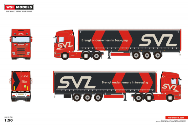 WSI Models 01-5285 SVZ SCANIA S HIGHLINE CS20H 6X2 TWIN STEER CURTAINSIDE TRAILER - 3 AXLE